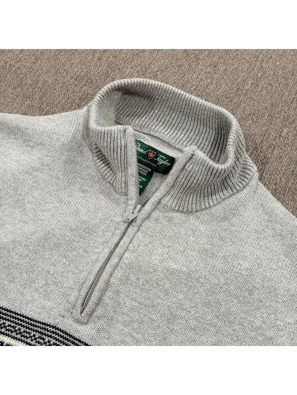 David Taylor Quarter Zip Sweater Mens L Gray Cotton Nordic Fair Isle Mock Neck
